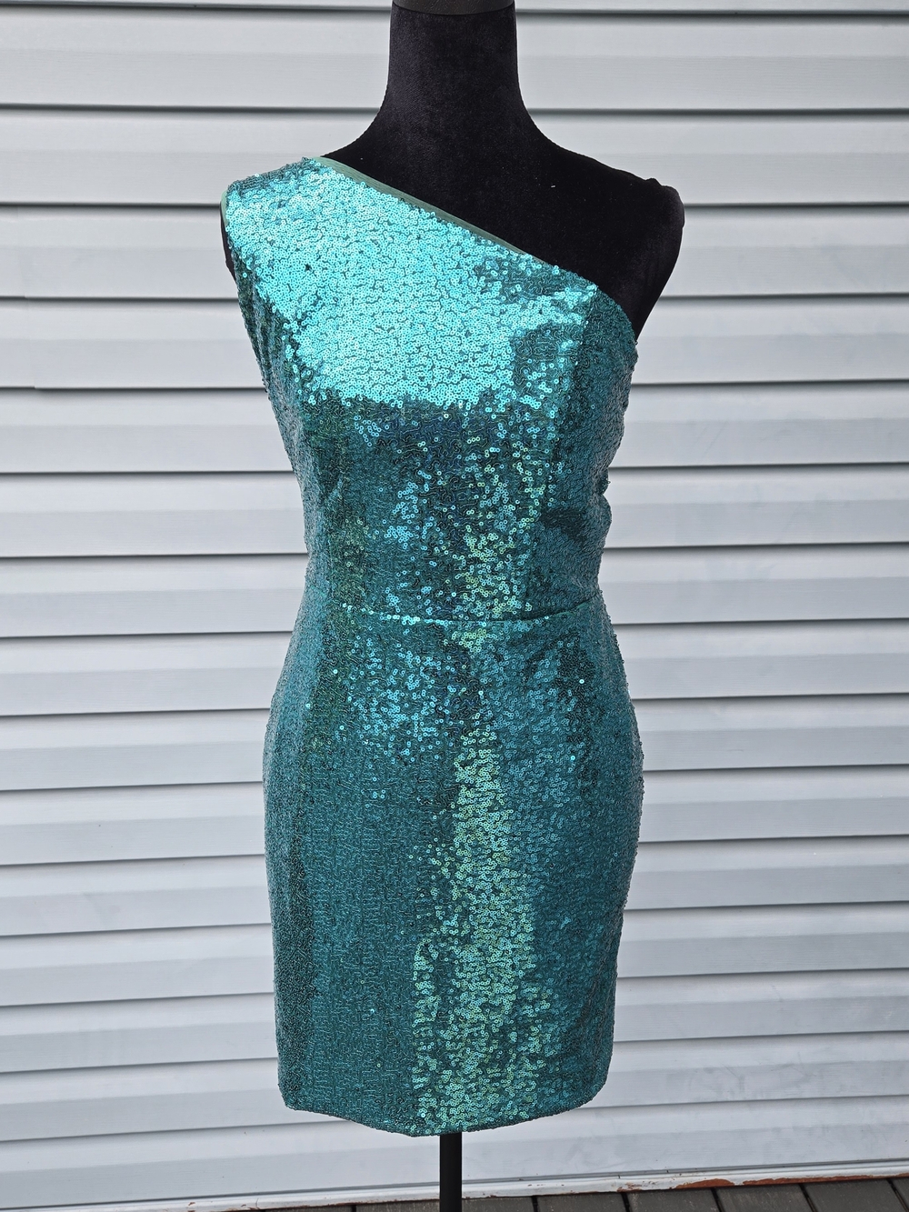 Size 2 Teal Green Sequined One Shoulder Strappy Back Mini Homecoming Party Dress